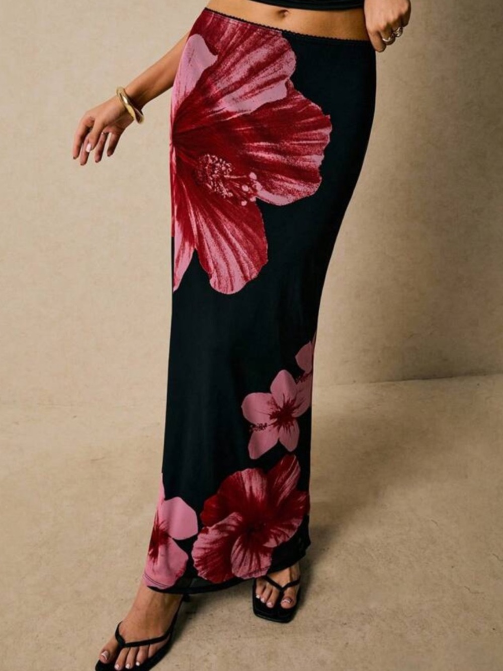 Floral Maxi Skirt - Black with Red & Pink Blooms
